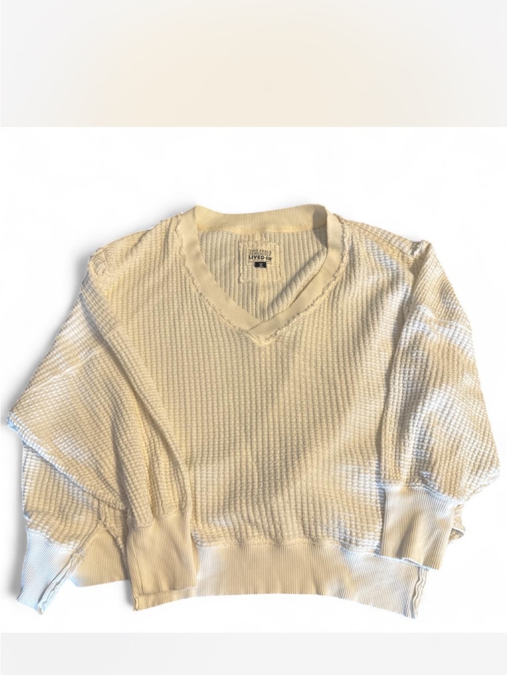 American Eagle White Waffle V-Neck Sweater
